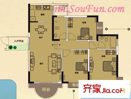 萬昌南湖景園戶型圖錯層景觀三房 3室2廳2衛(wèi)1廚