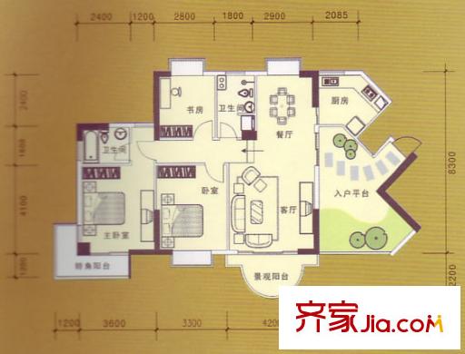 萬昌南湖景園戶型圖名月居(01號房) 3室2廳2衛(wèi)1廚