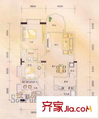 城市花園戶型圖F3型 3室2廳2衛(wèi)1廚