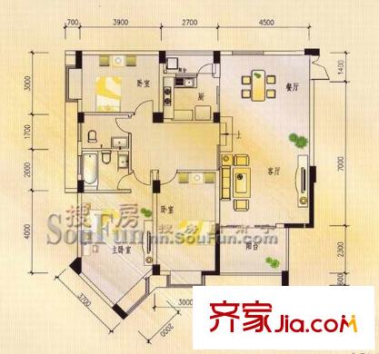 城市花園戶型圖L2/3型 3室2廳2衛(wèi)1廚