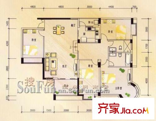 城市花園戶型圖K型 4室2廳1衛(wèi)1廚