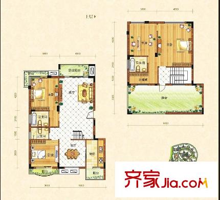 塞納維拉花園戶型圖E2樓中樓01、03A戶型圖 4室4廳3衛(wèi)1廚
