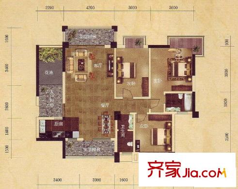 維也納森林戶型圖31號樓標(biāo)準(zhǔn)層F戶型 3室2廳2衛(wèi)1廚