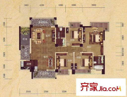 維也納森林戶型圖36號樓標(biāo)準(zhǔn)層G戶型 4室2廳2衛(wèi)1廚
