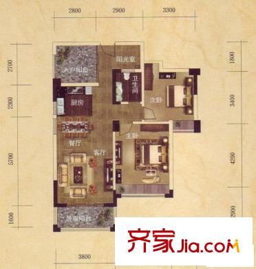 維也納森林戶型圖22號樓標(biāo)準(zhǔn)層A1戶型 2室2廳1衛(wèi)1廚