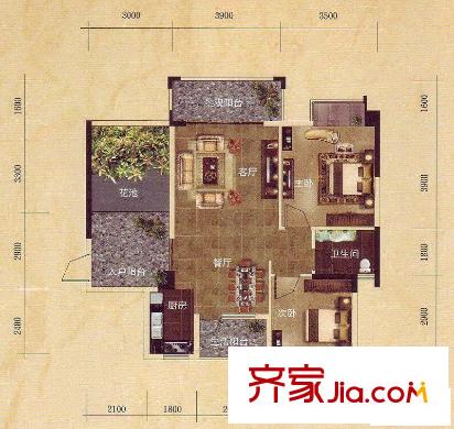 維也納森林戶型圖24號樓標(biāo)準(zhǔn)層C戶型 2室2廳1衛(wèi)1廚