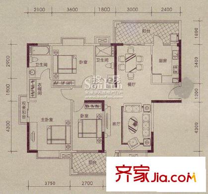 瀚林華府戶(hù)型圖御岸03單位 3室2廳2衛(wèi)1廚