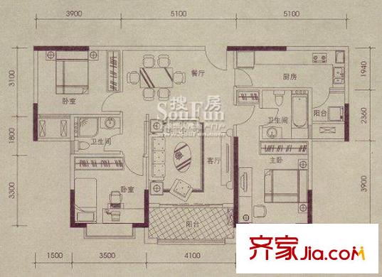 瀚林華府戶(hù)型圖御岸02單位 3室2廳2衛(wèi)1廚