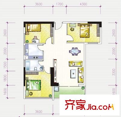 玫瑰園戶型圖B1 3室2廳1衛(wèi)1廚