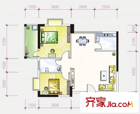 玫瑰園戶型圖C3 2室2廳1衛(wèi)1廚