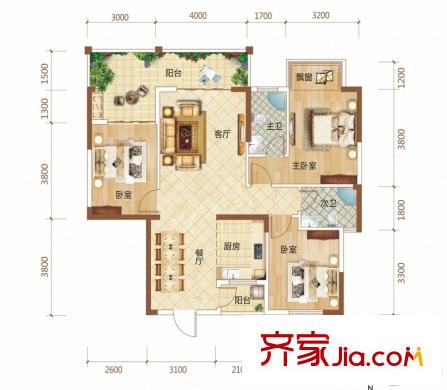 錦繡里1#A-1戶型 3室2廳2衛(wèi)