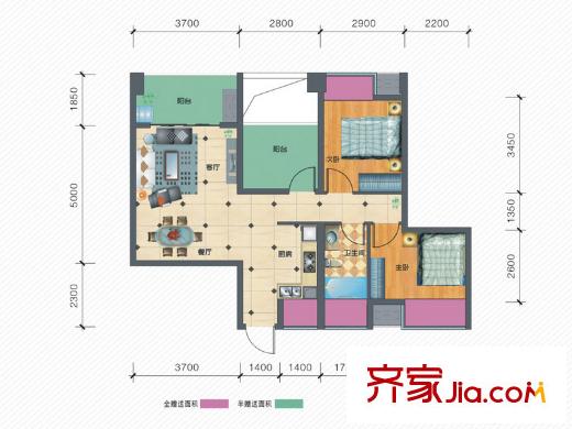 月湖國際標(biāo)準(zhǔn)層2B戶型 3室2廳1衛(wèi)1廚