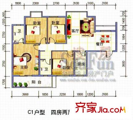 永凱春暉花園戶型圖B區(qū)C1 4室2廳2衛(wèi)1廚