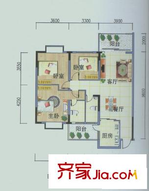 永凱春暉花園戶型圖B戶型 3室2廳2衛(wèi)1廚