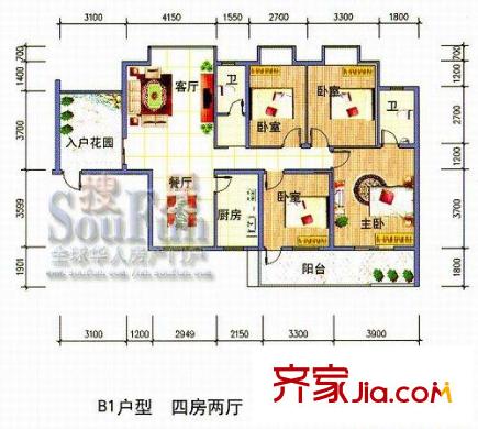永凱春暉花園戶型圖B區(qū)B1 4室2廳2衛(wèi)1廚