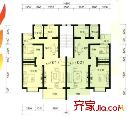 同和華彩美地戶型圖2室2廳1衛(wèi)1廚