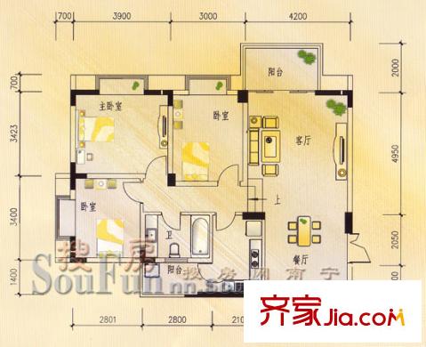 城市花園戶型圖M型 3室2廳1衛(wèi)1廚