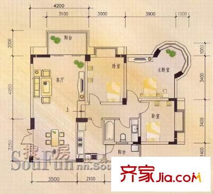城市花園戶型圖N3型 3室2廳1衛(wèi)1廚