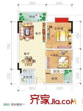 啟美新城A-3戶型 2室2廳1衛(wèi)1廚