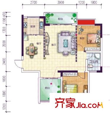 啟美新城F1-2 2+1戶型 2室2廳1衛(wèi)1廚