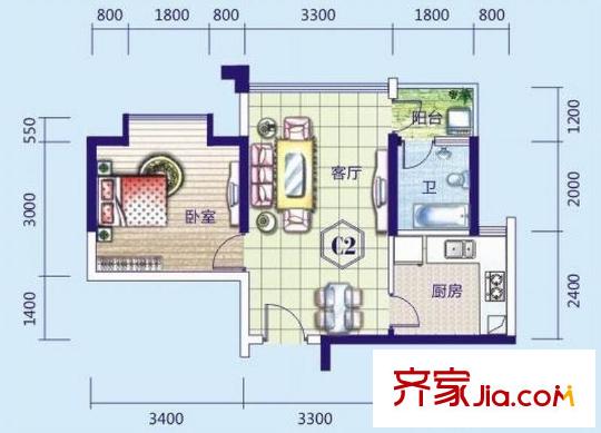 泛宇邕江一品1#、2#、3#樓C2戶型 1室1廳1衛(wèi)1廚