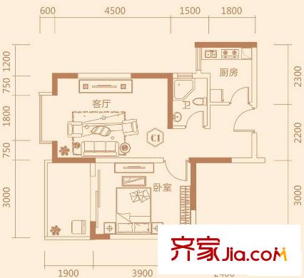 泛宇邕江一品C1戶型 1室1廳1衛(wèi)1廚