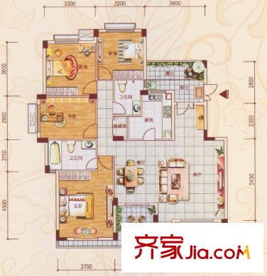 金菲豪園5#樓D4戶型 4室2廳2衛(wèi)1廚