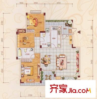 金菲豪園5#樓C6戶型 3室2廳2衛(wèi)1廚