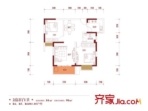 潤(rùn)華?尚城街區(qū)R4、5、6#樓03、05戶(hù)型 2室2廳1衛(wèi)1廚