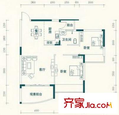 天池山4-O戶(hù)型 2室2廳1衛(wèi)1廚