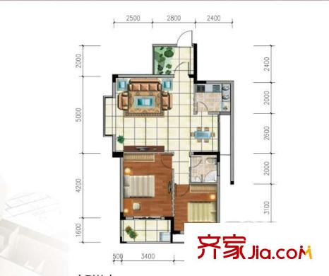 欣隆盛世觀邸6號(hào)樓王J戶型 2室2廳1衛(wèi)1廚