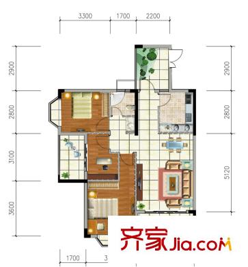 欣隆盛世觀邸F戶型 2室2廳1衛(wèi)1廚