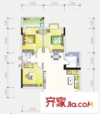 玫瑰園戶型圖B6 3室2廳1衛(wèi)1廚