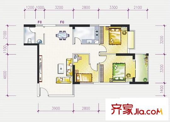 玫瑰園戶型圖B3 3室2廳1衛(wèi)1廚