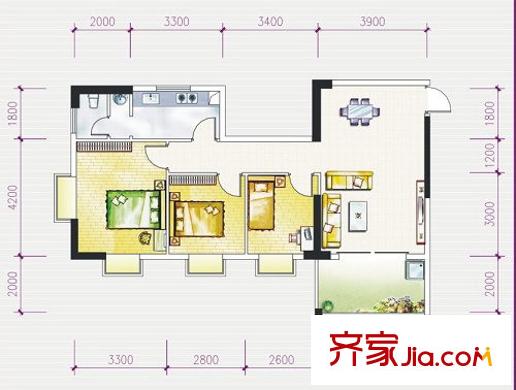 玫瑰園戶型圖A2 3室2廳1衛(wèi)1廚