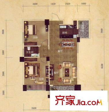 維也納森林戶型圖23號樓標(biāo)準(zhǔn)層B戶型 2室2廳1衛(wèi)1廚