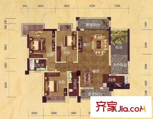 維也納森林戶型圖29號樓標(biāo)準(zhǔn)層F1戶型 3室2廳2衛(wèi)1廚