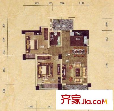 維也納森林戶型圖23號樓標(biāo)準(zhǔn)層A戶型 2室2廳1衛(wèi)1廚