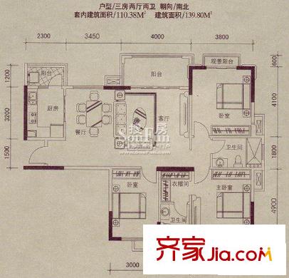 瀚林華府戶(hù)型圖御岸01單位 3室2廳2衛(wèi)1廚