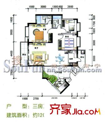 棕櫚灣戶型圖主力戶型 3室2廳2衛(wèi)1廚