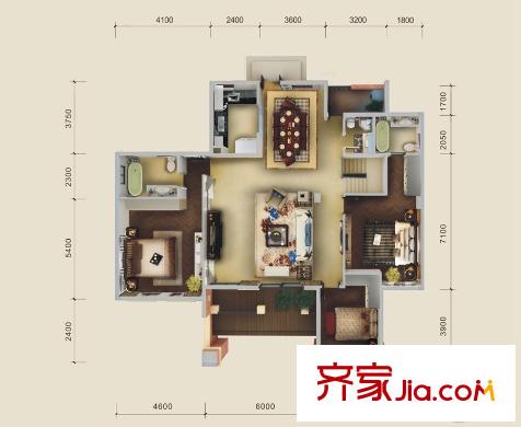 中房翡翠灣別墅A1戶型一層 3室2廳2衛(wèi)1廚