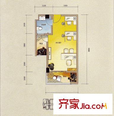 印尼園15號樓A1戶型 1室1衛(wèi)