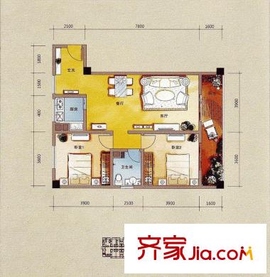 印尼園一期15號樓B4戶型 2室2廳1衛(wèi)1廚