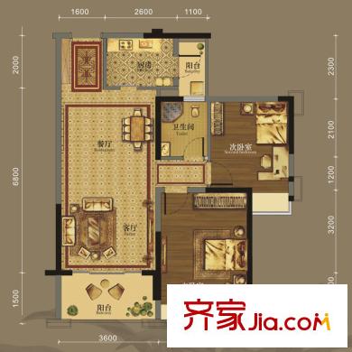 美泉16122C戶型圖 2室2廳1衛(wèi)1廚