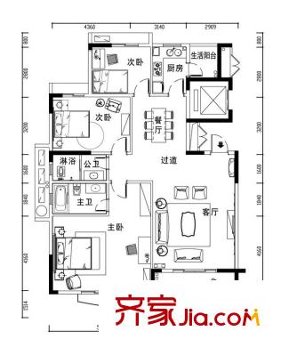 騁望怡平方米灣E棟1單元01戶型 3室2廳2衛(wèi)1廚