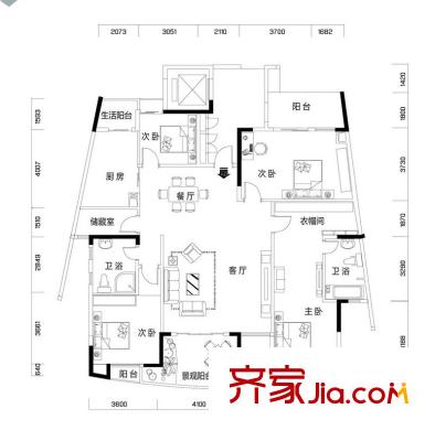騁望怡平方米灣E棟1單元01+02戶型 4室2廳2衛(wèi)1廚