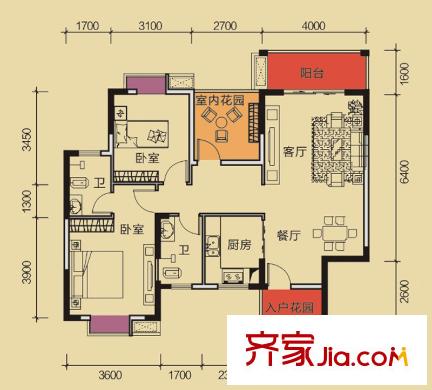 瑞和家園1#/2#/6#/8#樓A1戶型 2室2廳2衛(wèi)1廚