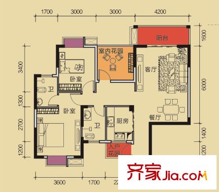 瑞和家園3#/5#/9#/10#樓B1戶型 2室2廳2衛(wèi)1廚