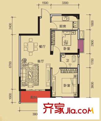 瑞和家園1#/2#/6#/8#樓A3戶型 2室2廳1衛(wèi)1廚