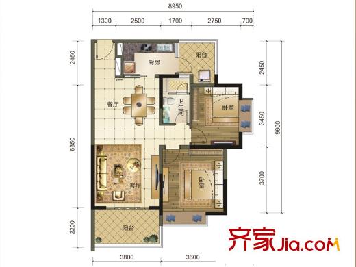 華發(fā)國賓壹號13#01/02號房F戶型 2室2廳1衛(wèi)1廚